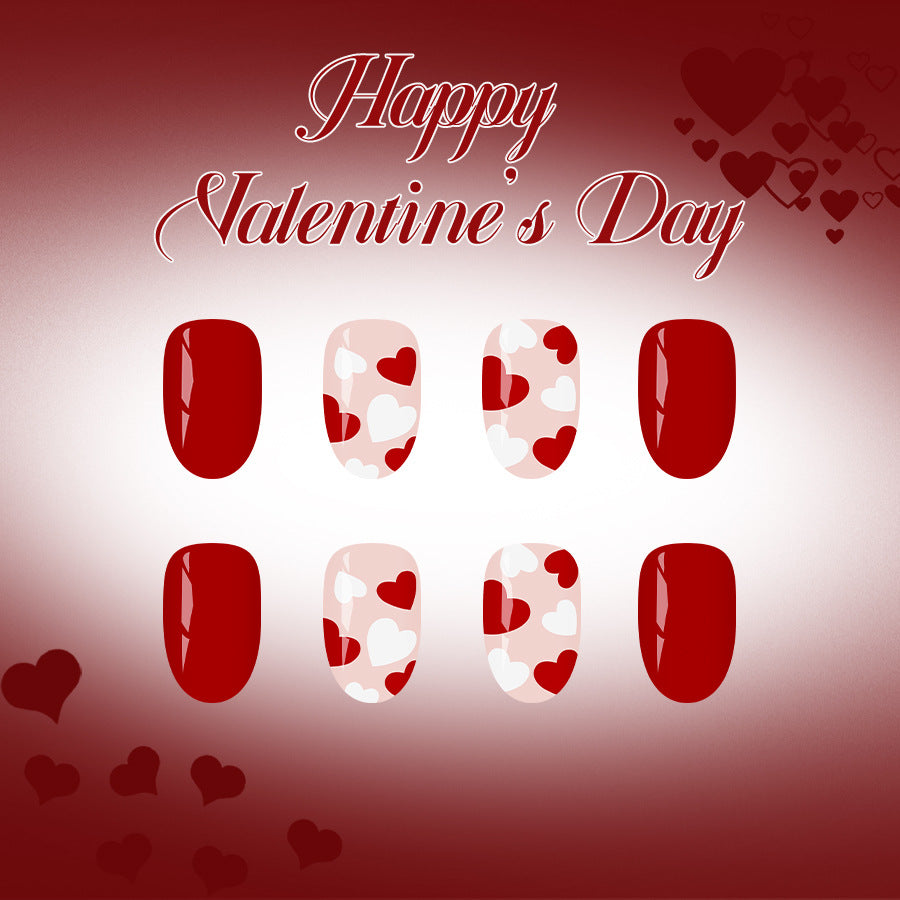 Love Inspired Romantic Short Round Deep Red Nails with Heart Patterns for Valentine’s Day