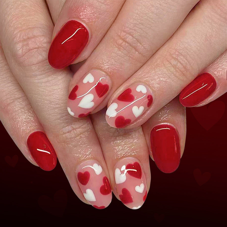 Romantic Heartfelt Short Oval Red Press On Nail Set with Charming Heart Patterns