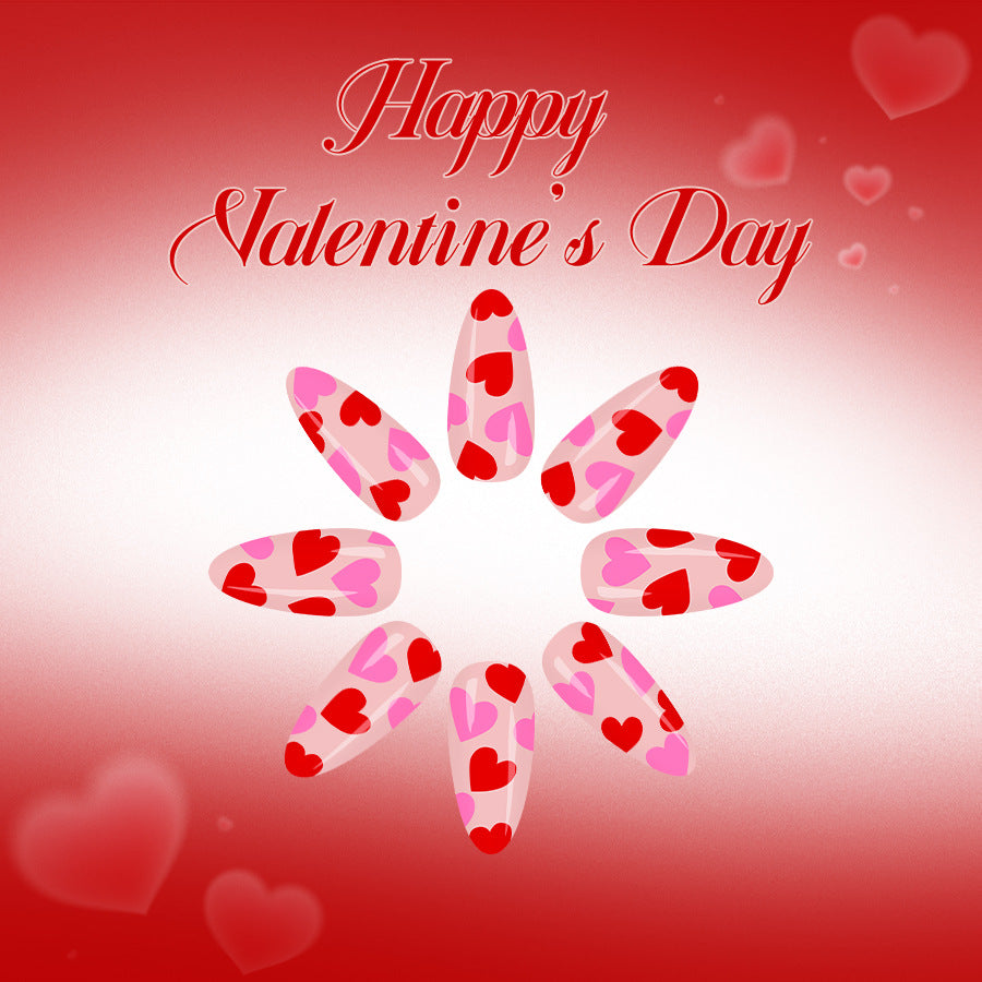 Romantic Hearts Press On Nail Set Long Almond Pink and Red with Adorable Heart Patterns