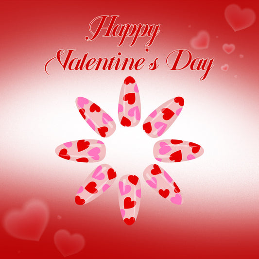 Romantic Hearts Press On Nail Set Long Almond Pink and Red with Adorable Heart Patterns