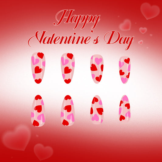 Romantic Hearts Press On Nail Set Long Almond Shaped Pink and Red with Love Heart Design