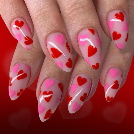 Romantic Heartbeat Long Almond Pink and Red Heart Adorned Press-On Nail Set