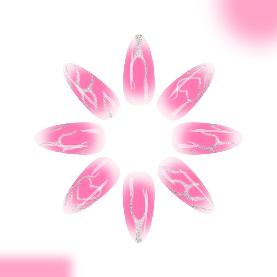 Charming Blossoms Long Almond Pink Gradient Press-On Nail Set with Unique Silver Heart Design