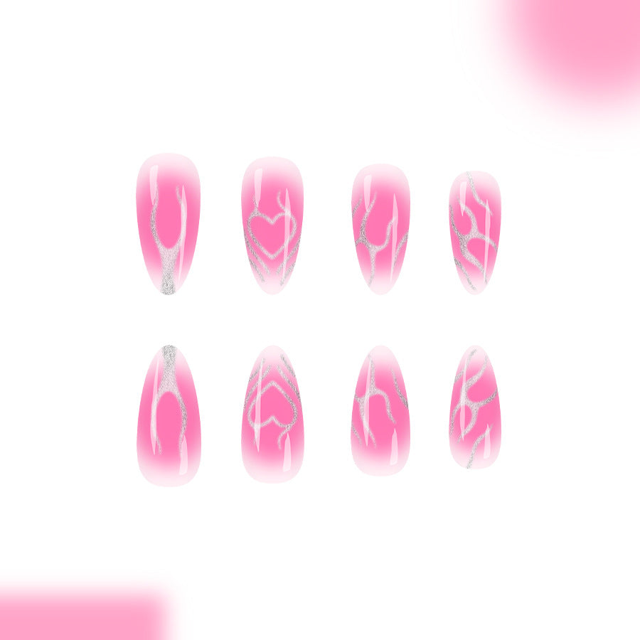Whimsical Dream Press On Nail Set Long Almond Pink with Unique Metallic Swirl Design