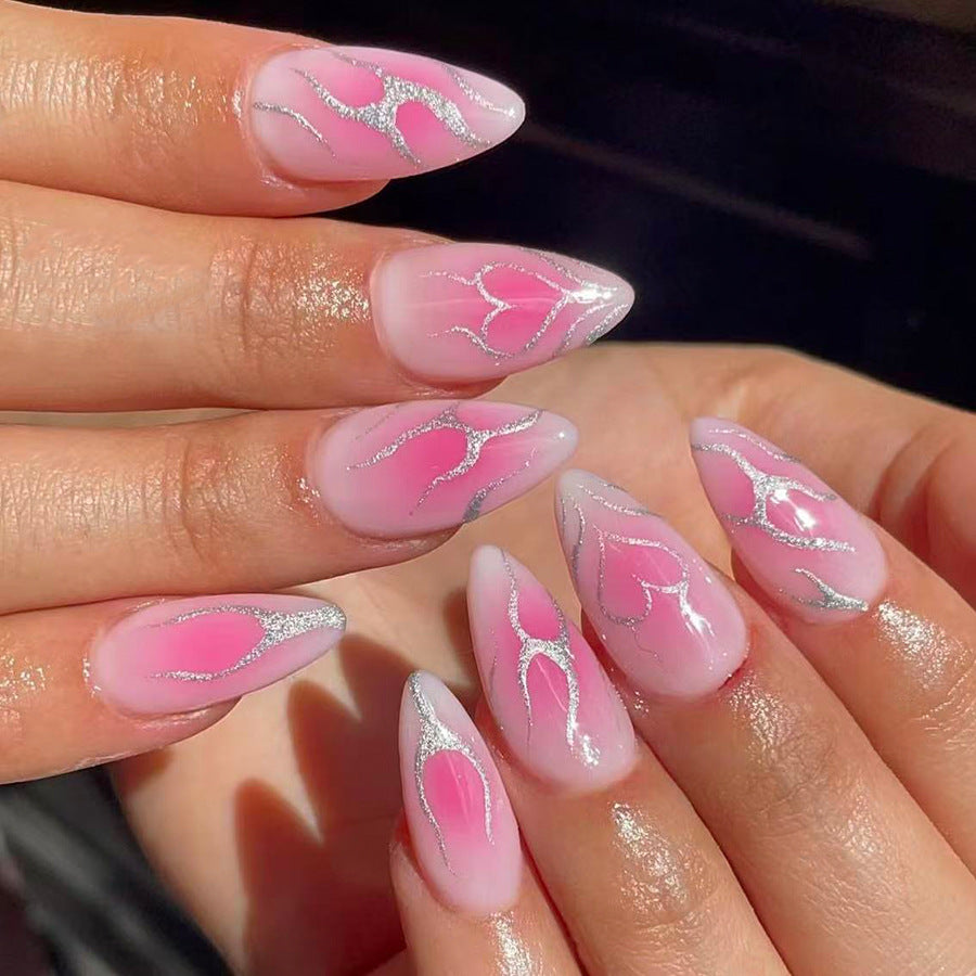 Floral Fantasy Pink Long Almond Nail Set with Shimmering Silver Accents
