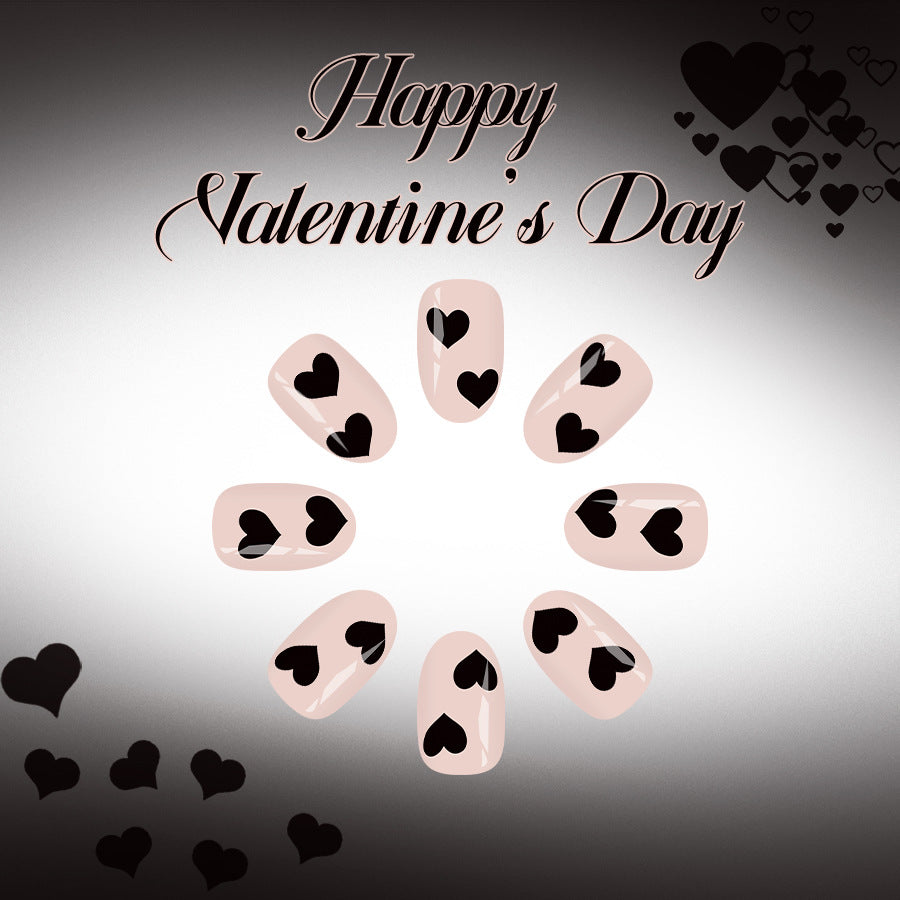 Valentine's Day Romance Short Round Blush Pink with Heart Design Press On Nail Set
