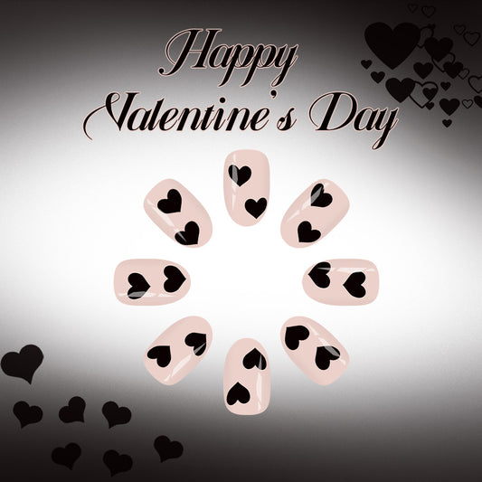 Valentine's Day Romance Short Round Blush Pink with Heart Design Press On Nail Set