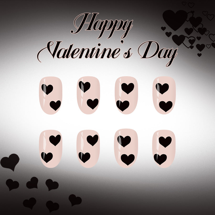 Romantic Heart Design Short Round Beige Press On Nail Set with Bold Black Heart Accents