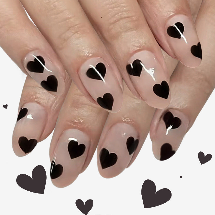 Romantic Heartfelt Short Round Press-On Nails in Semi-Clear with Eye-Catching Black Heart Designs