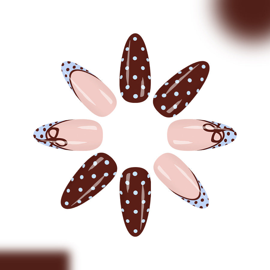 Choco Dream elongated Long almond shaped brown and pink polka dot press on nail set with elegant bow detail