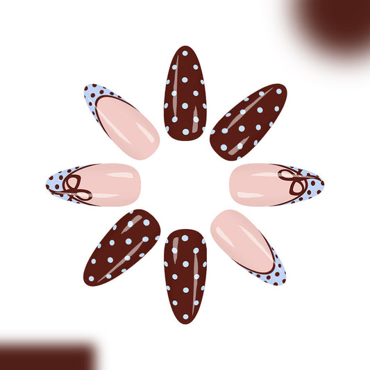 Choco Dream elongated Long almond shaped brown and pink polka dot press on nail set with elegant bow detail