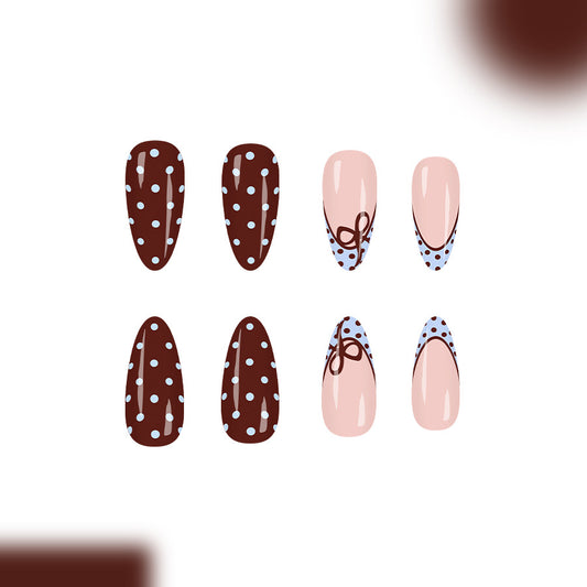 Chocolate Delight Long Almond-Shaped Brown and Blue Polka Dot Press-On Nail Set with Stylish Bow Accents