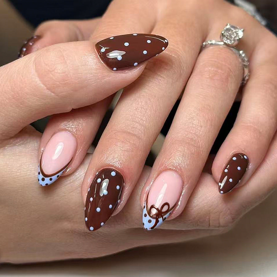 Charming Chocolate Dream Long Almond Brown and Pink Polka Dot Design with Cute Bow Detailing Press On Nail Set