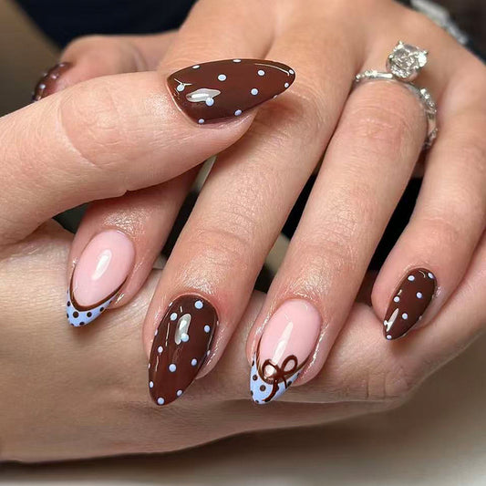 Charming Chocolate Dream Long Almond Brown and Pink Polka Dot Design with Cute Bow Detailing Press On Nail Set