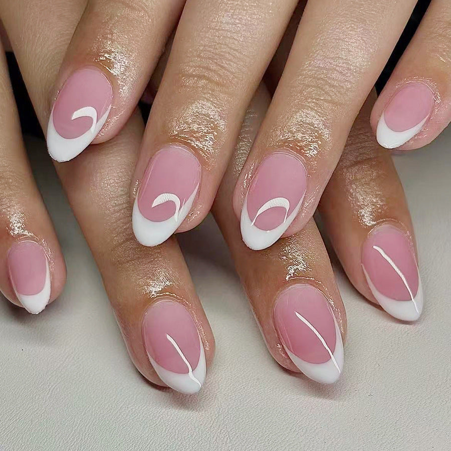 Chic Blush Short Round Pink and White Elegant Wave Press On Nail Set