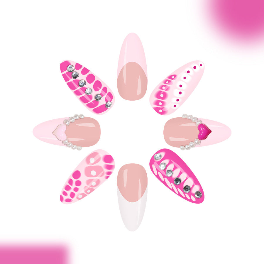Charming Floral Fantasy Long Almond Pink Nails with Rhinestone Accents