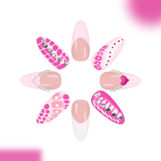 Charming Floral Fantasy Long Almond Pink Nails with Rhinestone Accents