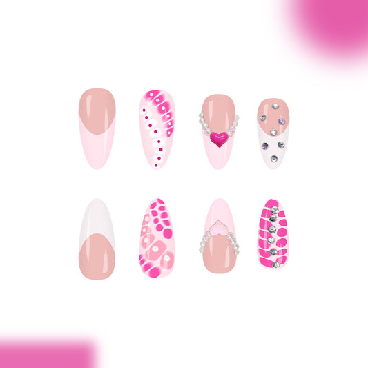 Charming Pink Elegance Long Almond Shaped Press On Nail Set Featuring Glamorous Rhinestones and Pearls