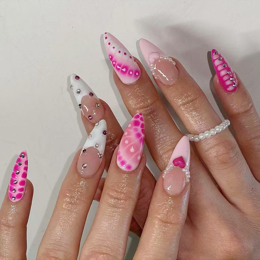 Whimsical Dream Pink Long Almond Press On Nail Set Featuring Glittering Gems
