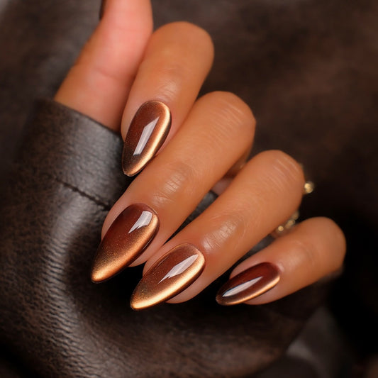 Gourmet Chocolate Elegance Long Almond Shimmering Bronze Finish Press On Nail Set
