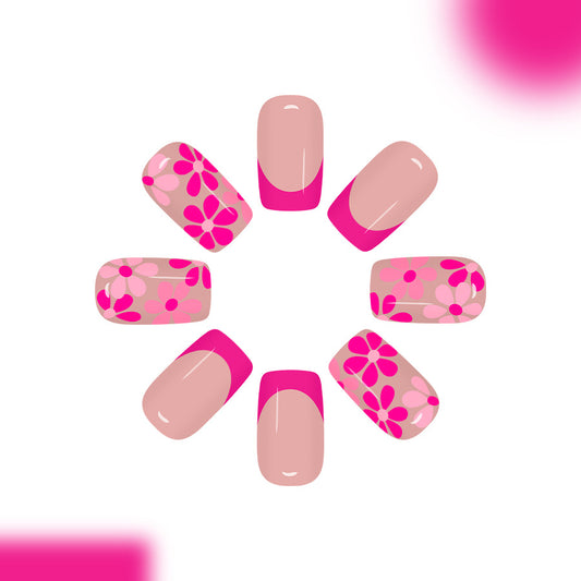 Floral Fantasy Medium Square Pink Press-On Nail Set with Artistic Flower Design