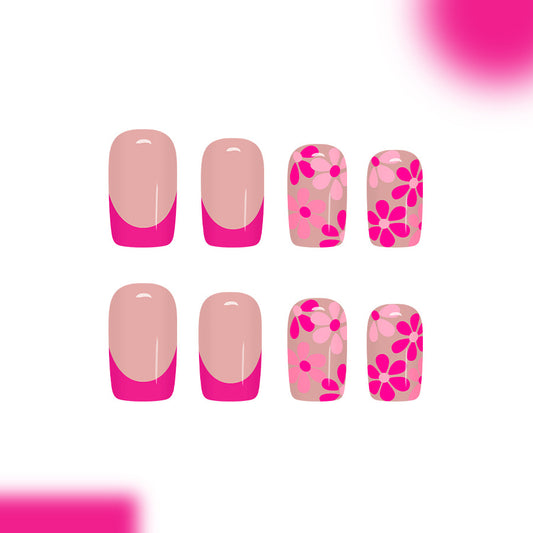 Floral Fiesta Press on Nail Set Medium Square Pink Gradient with Vibrant Flower Designs