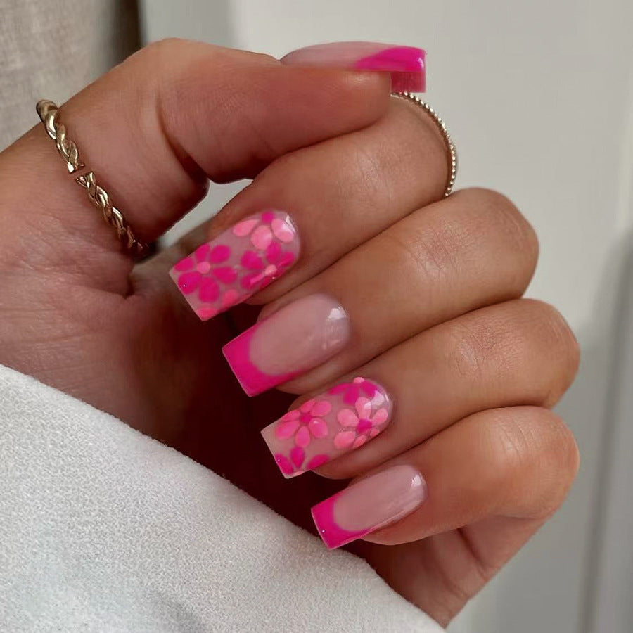 Floral Dream Medium Square Pink Ombre with Flower Accents Press On Nail Set