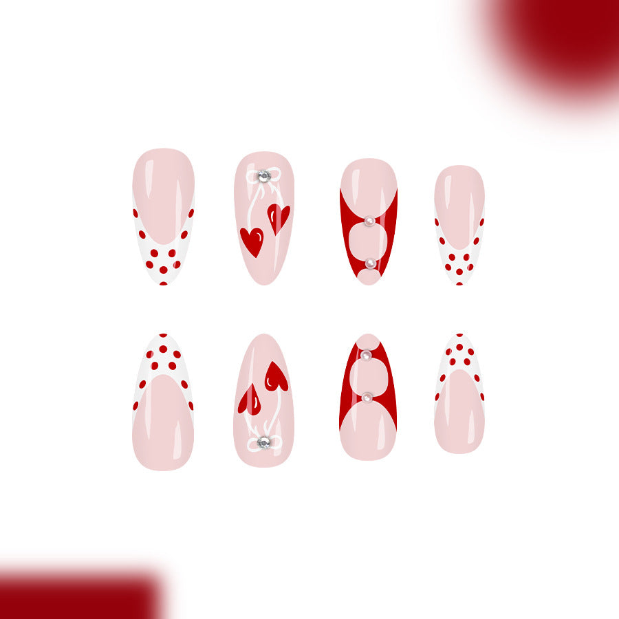 Love Inspired Elegant Long Almond Red and Beige Press On Nail Set with Charming Heart and Gem Embellishments