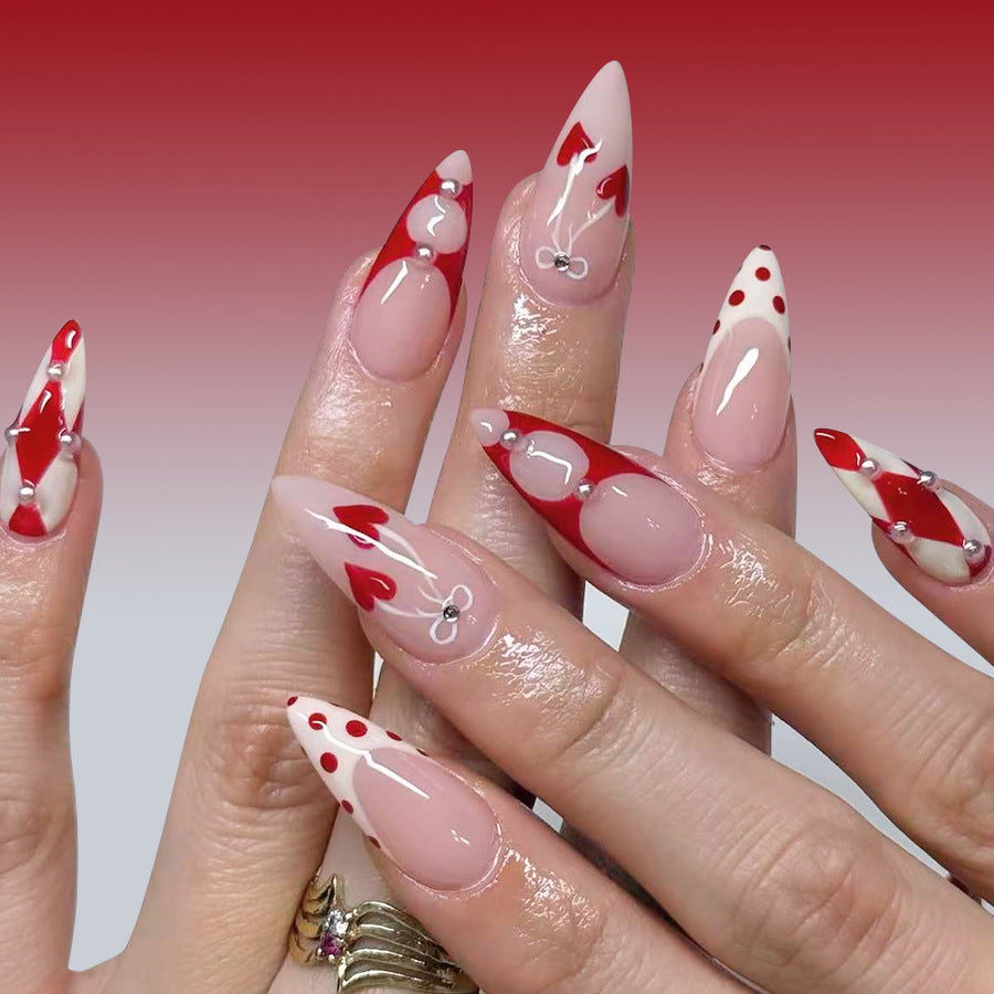 Romantic Valentine Glamour Long Stiletto Red and Pink with Heart Designs and Rhinestone Accents Press On Nail Set