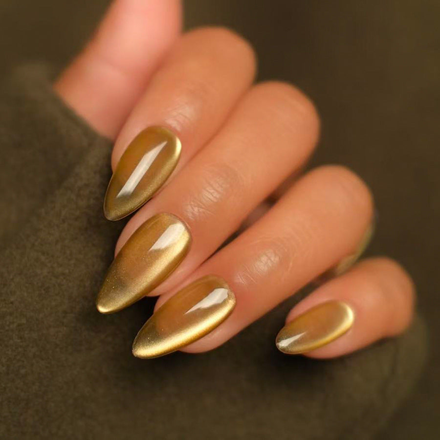 Glamorous Golden Long Almond Press On Nail Set with Iridescent Shine