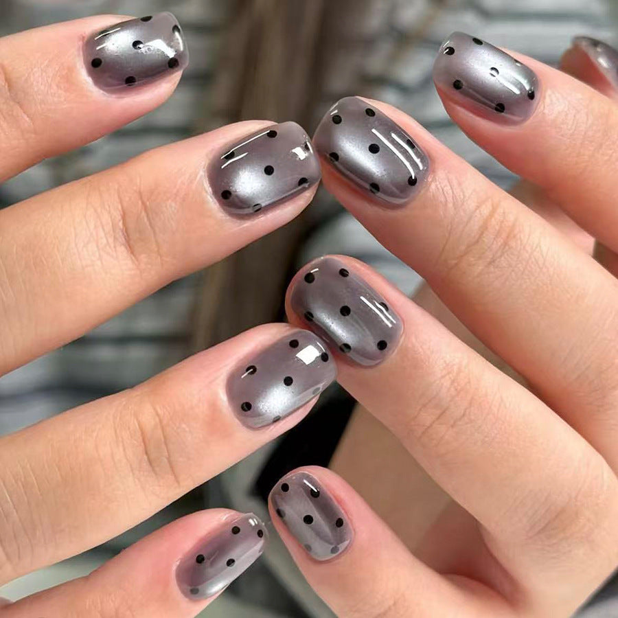 Chic Metallic Short Square Press-On Nail Set in Smoky Gray with Dazzling Black Polka Dots