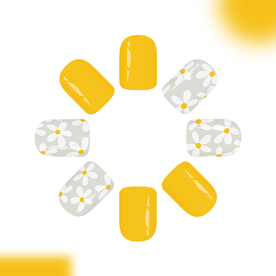 Sunshine Vibes Glossy Short Square Yellow and Floral Print Press On Nail Set