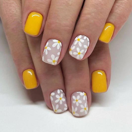 Sunny Blossom Short Square Press on Nail Set in Bright Yellow and Soft Floral Design