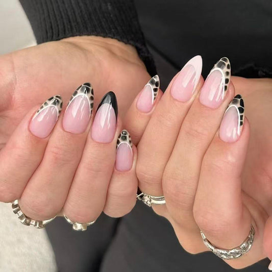 Glamorous Safari Inspired Long Almond Shape Pink and Black Nail Set with Unique Animal Print Design