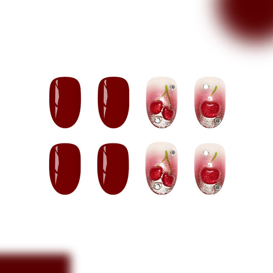 Cherry Blossom Delight Glossy Medium Oval Burgundy Press-On Nail Set with Glittering Charm and Floral Design
