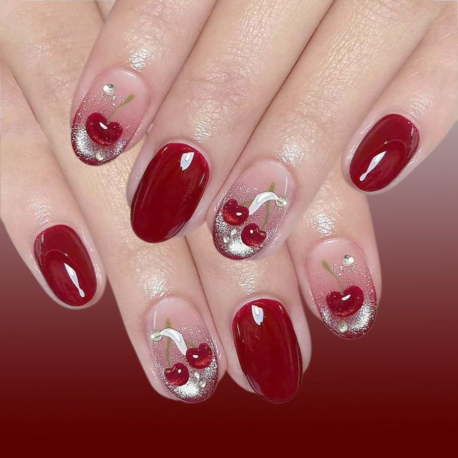 Cherry Blossom Delight Glossy Medium Oval Red Ombre Nail Set with Whimsical Cherry Accents