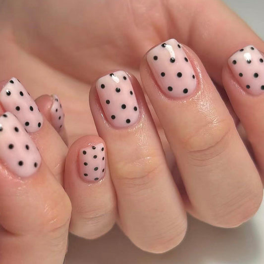 Charming Polka Dot Press On Nail Set Short Square Blush Pink with Dazzling Black Dots