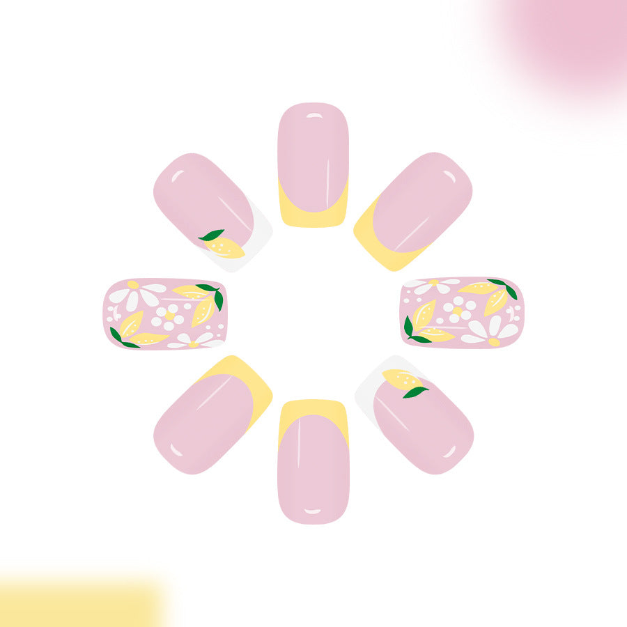 Citrus Blossom Stylish Short Square Pink and Yellow Floral Accent Press-On Nail Set