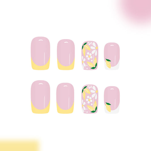 Citrus Blossom Chic Short Square Pink and Yellow Floral Accent Press On Nail Set