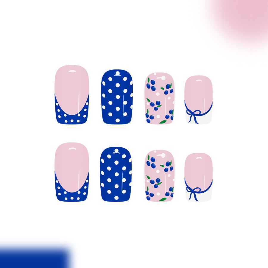 Charming Floral Delight Pink and Blue Short Square Length Colorful Floral and Polka Dot Patterns Press on Nail Set