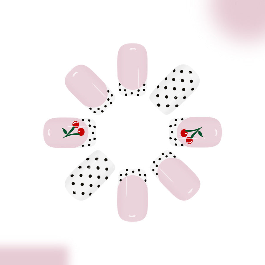 Cherry Blossom Delight Long Oval Blush Pink and White Polka Dot Nail Set with Charming Cherry Design