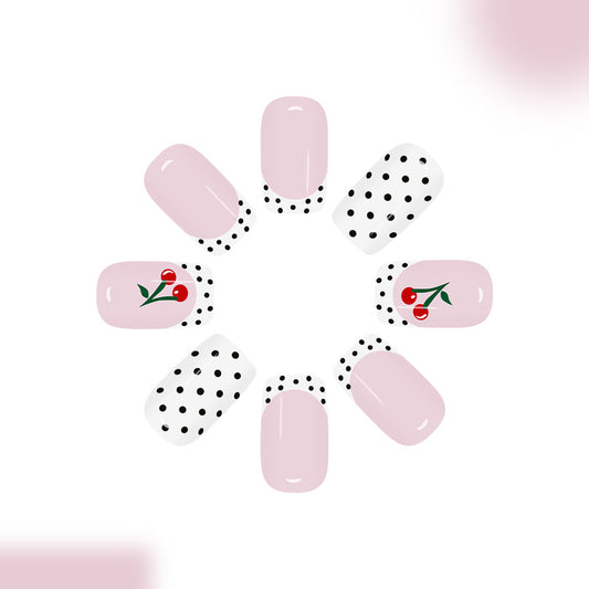 Cherry Blossom Delight Long Oval Blush Pink and White Polka Dot Nail Set with Charming Cherry Design