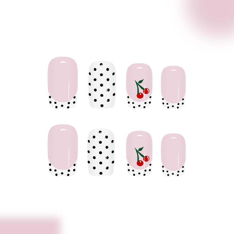 Cherry Blossom Delight Short Square Pink and White Polka Dot Press On Nail Set with Charming Cherry Design