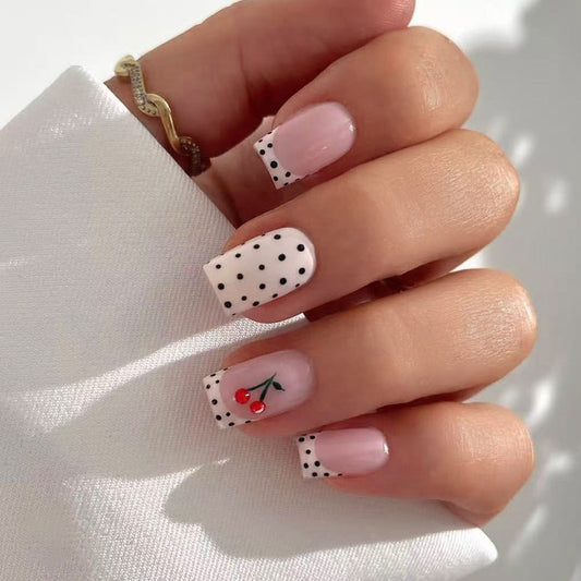 Cherry Blossom Charm Elegant Short Square Tips Soft Pink with Polka Dots and Floral Accent Nail Set