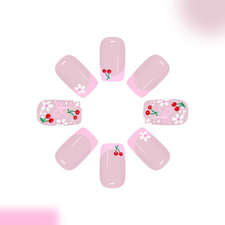 Cherry Blossom Delight Short Square Pink Press On Nail Set with Charming Floral Design