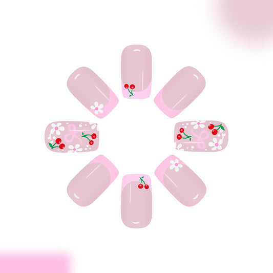 Cherry Blossom Delight Short Square Pink Press On Nail Set with Charming Floral Design