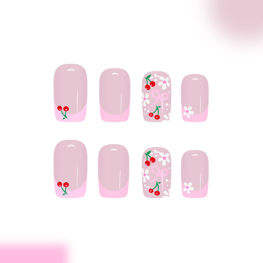 Cherry Blossom Delight Short Square Pink Floral Press On Nail Set