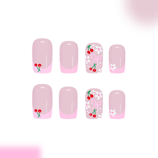 Cherry Blossom Delight Short Square Pink Floral Press On Nail Set