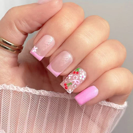 Charming Blooming Garden Short Square Pink Press On Nail Set with Delicate Floral Accents