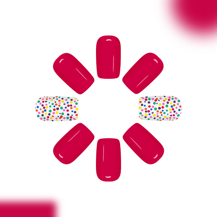 Playful Party Inspired Short Square Bold Pink Nails with Fun Multicolored Dot Accent